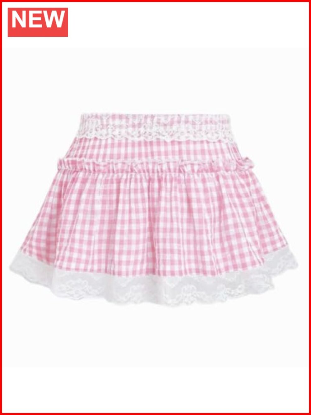 Y2K Gingham Pleated Mini Skirt Ruffle A-Line Lace Trim Cosplay